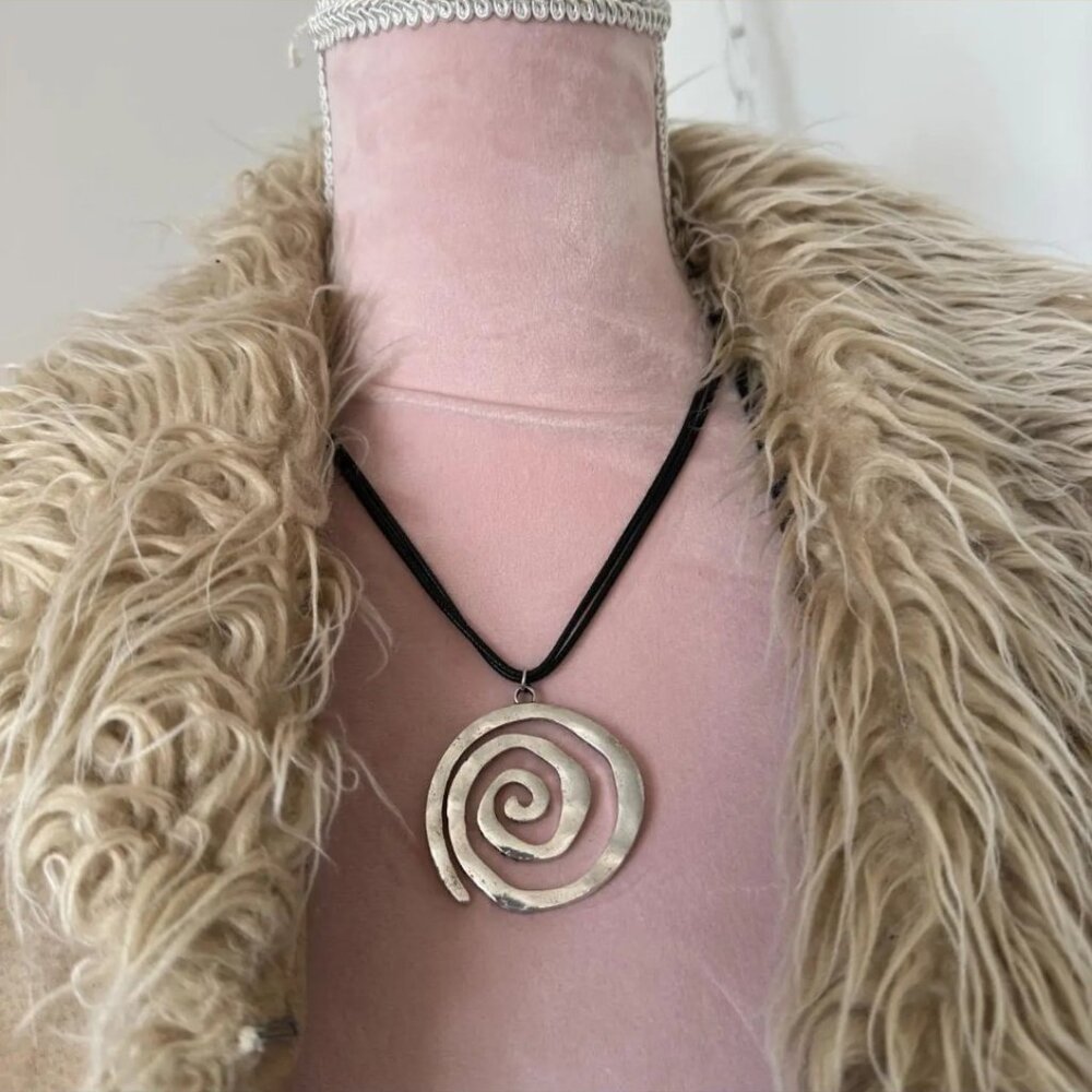 Silver Spiral Pendant Necklace Black Cord Boho Indie Y2K Statement